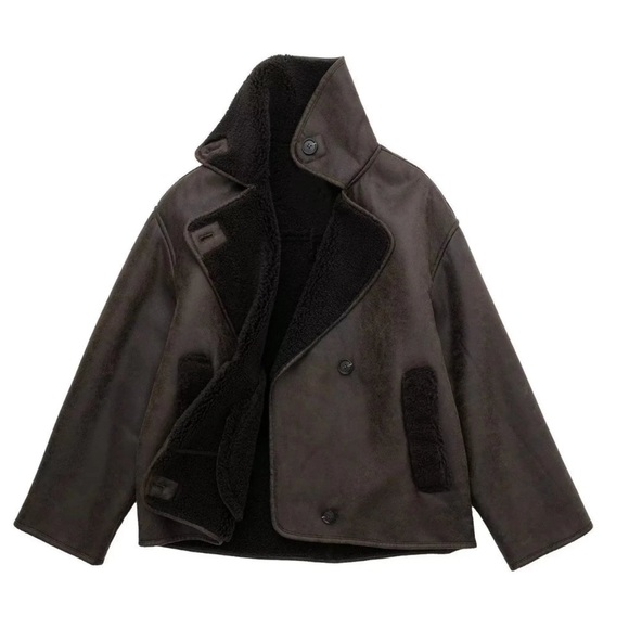 Relaxed Faux Leather Suede Double Faced Jacket with Shearling Lining, Brown - Picture 1 of 2